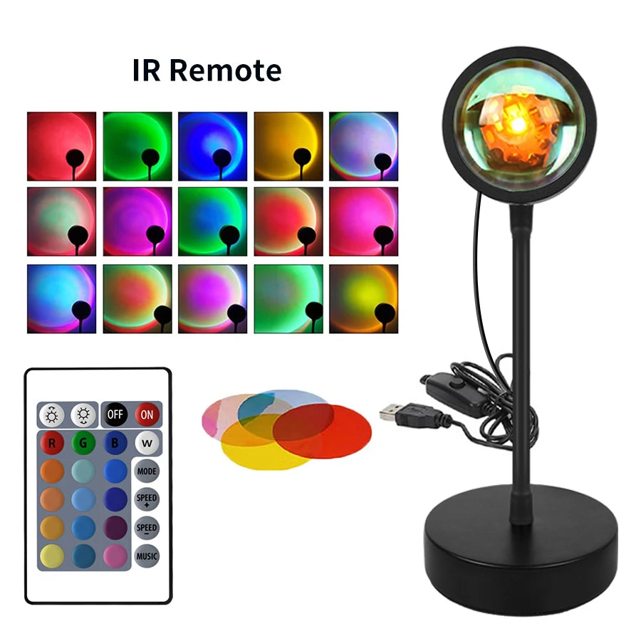 USB LED Projector Night Lights RGB Sunset Atmosphere Night Lamp with Remote for Bedroom Broadcast Photography Background Decor