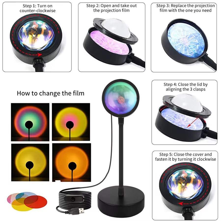 USB LED Projector Night Lights RGB Sunset Atmosphere Night Lamp with Remote for Bedroom Broadcast Photography Background Decor