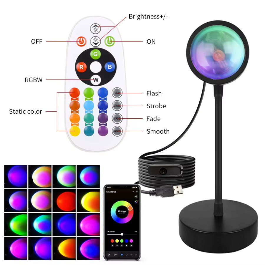 USB LED Projector Night Lights RGB Sunset Atmosphere Night Lamp with Remote for Bedroom Broadcast Photography Background Decor