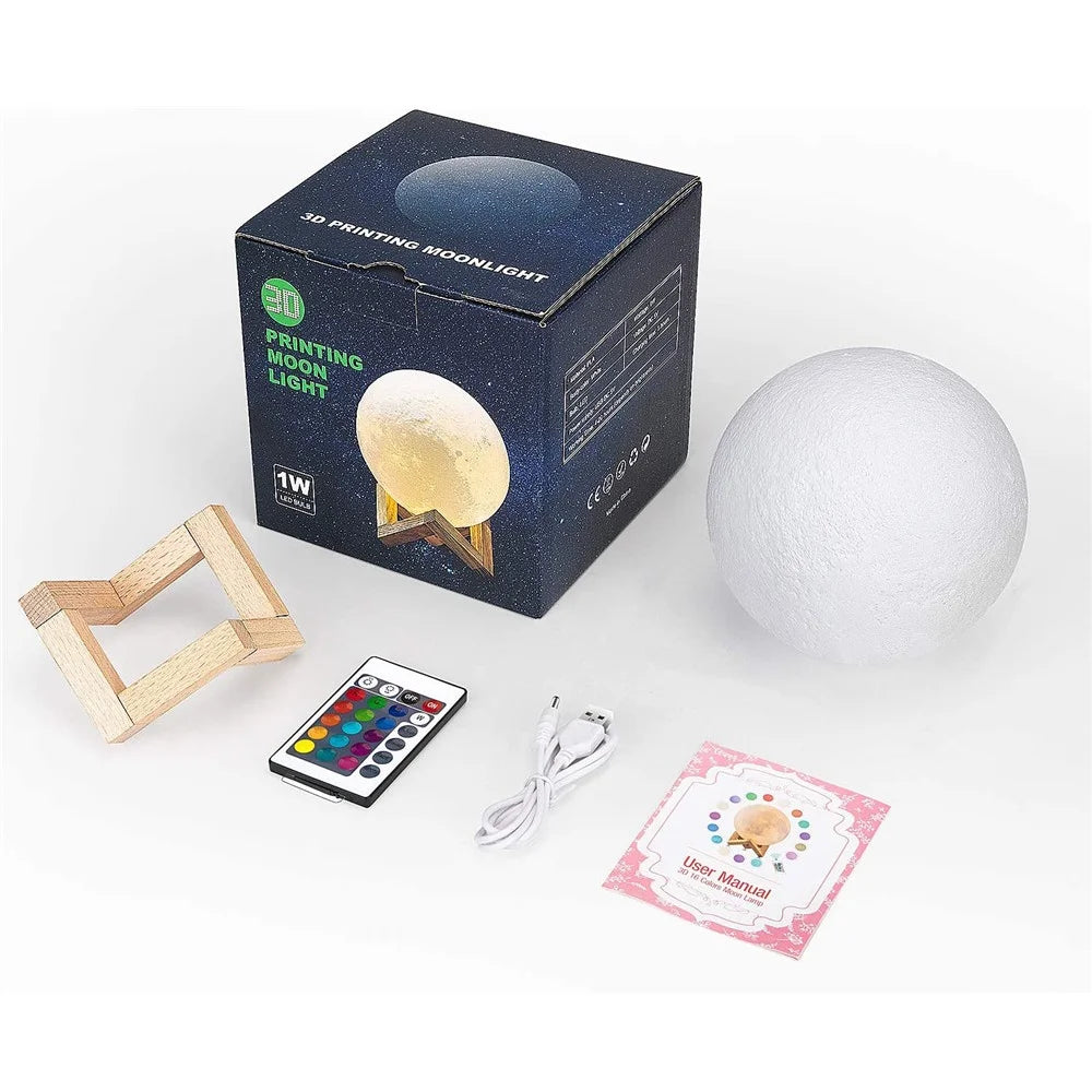 Moon Light, 3D Printed LED 16 Colors RGB Moon Lamp, Remote & Touch Control, Dimmable, Color Changing, USB Recharge, Seamless Lunar Moonlight Night Light Lamp with Stand for Baby Bedrooms