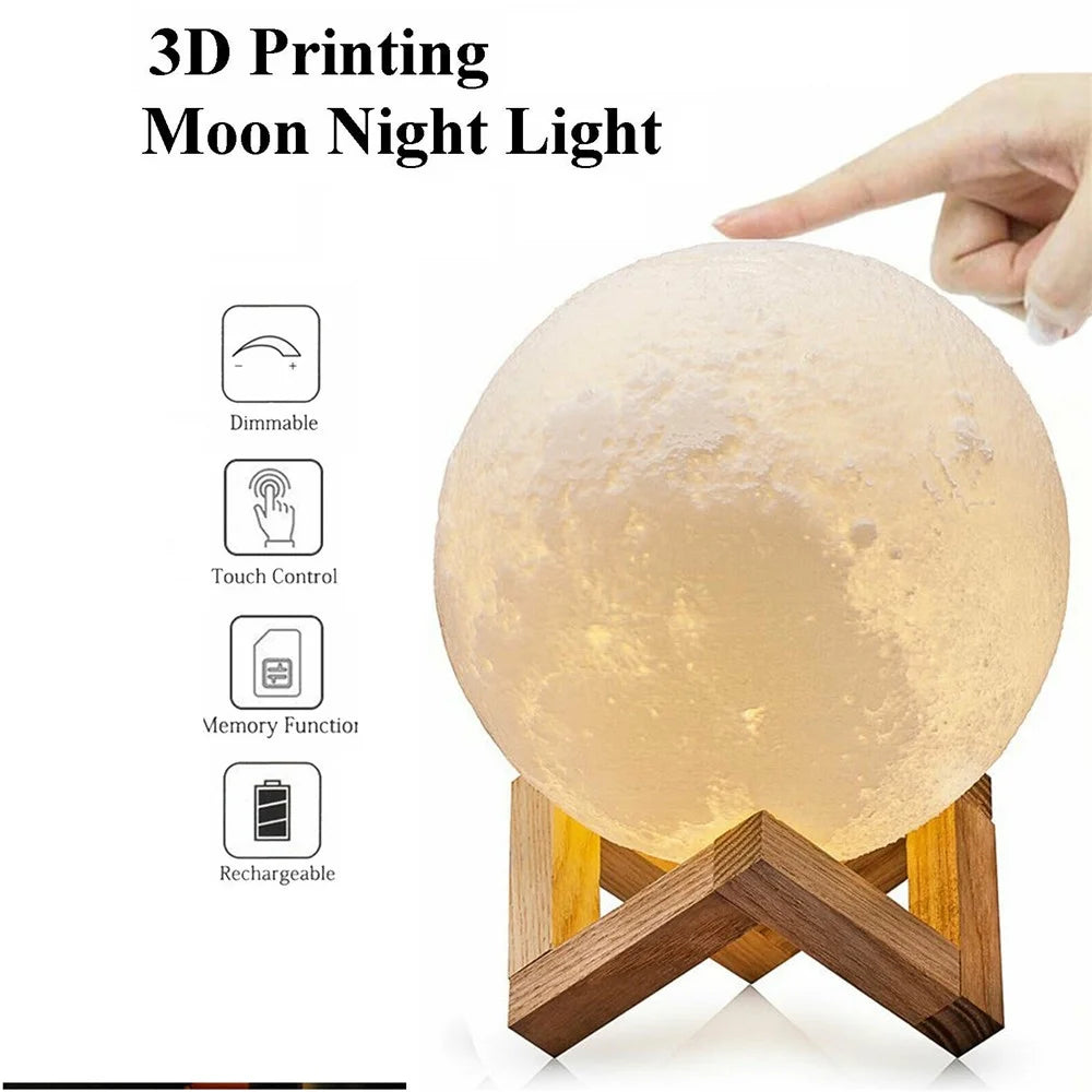 Moon Light, 3D Printed LED 16 Colors RGB Moon Lamp, Remote & Touch Control, Dimmable, Color Changing, USB Recharge, Seamless Lunar Moonlight Night Light Lamp with Stand for Baby Bedrooms