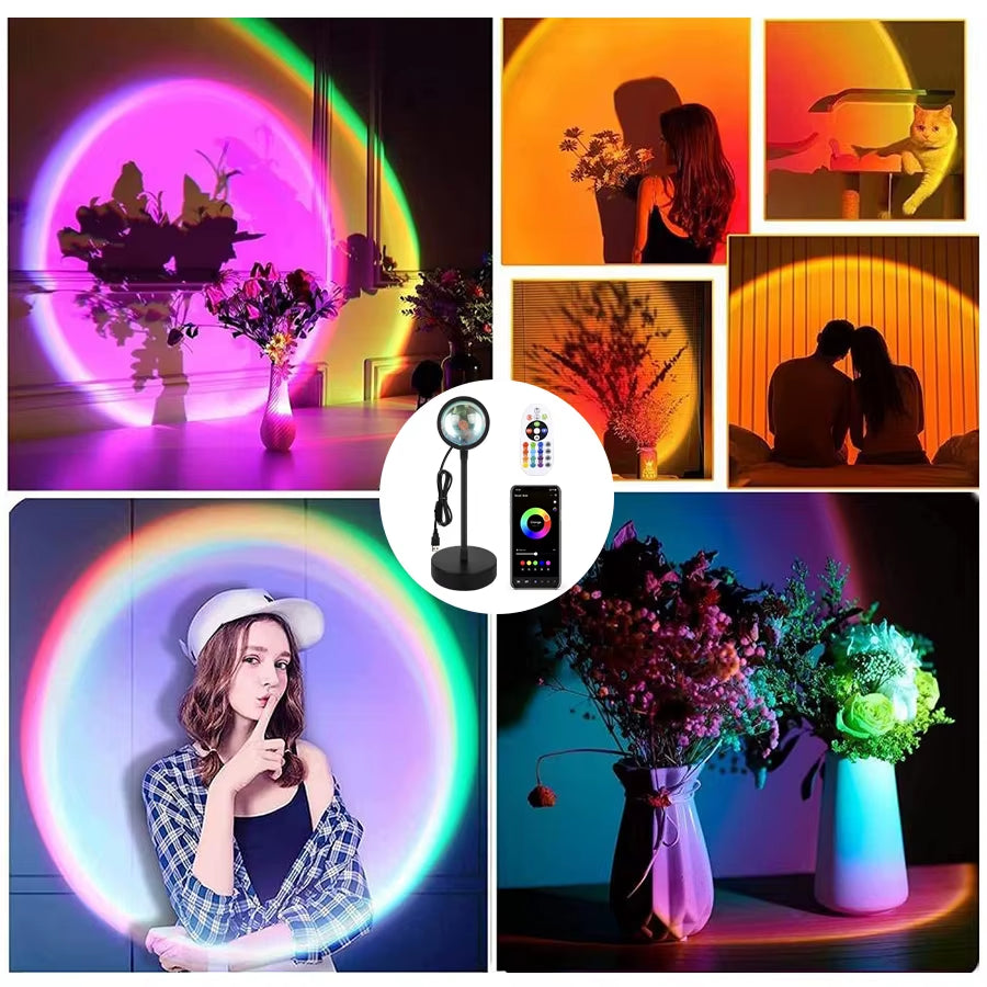 USB LED Projector Night Lights RGB Sunset Atmosphere Night Lamp with Remote for Bedroom Broadcast Photography Background Decor
